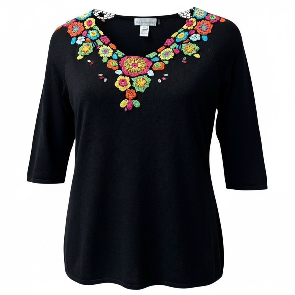 Soft Surroundings Black V-Neck Sweater with Bright Floral Embroidery